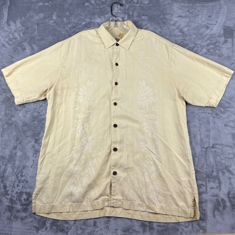 Tommy Bahama Mens Large Yellow‎ 100% Silk Short Sleeve Tropical Jacquard Shirt